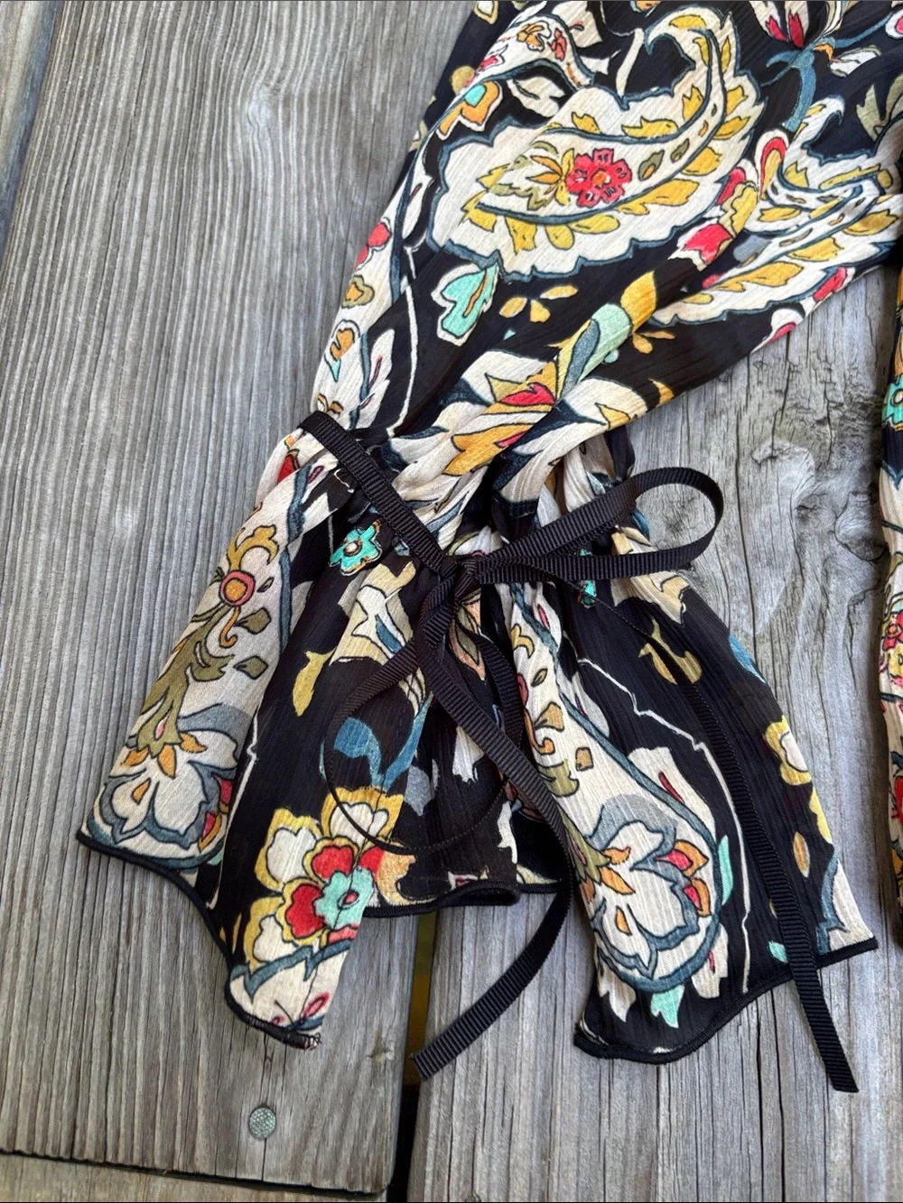 ZARA | Black Boho Chic Paisley Floral Tie Neck Ruffle Romantic Goth Blouse | S